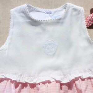 Adorable pink and white France Belmon Romper - Size 12Months
